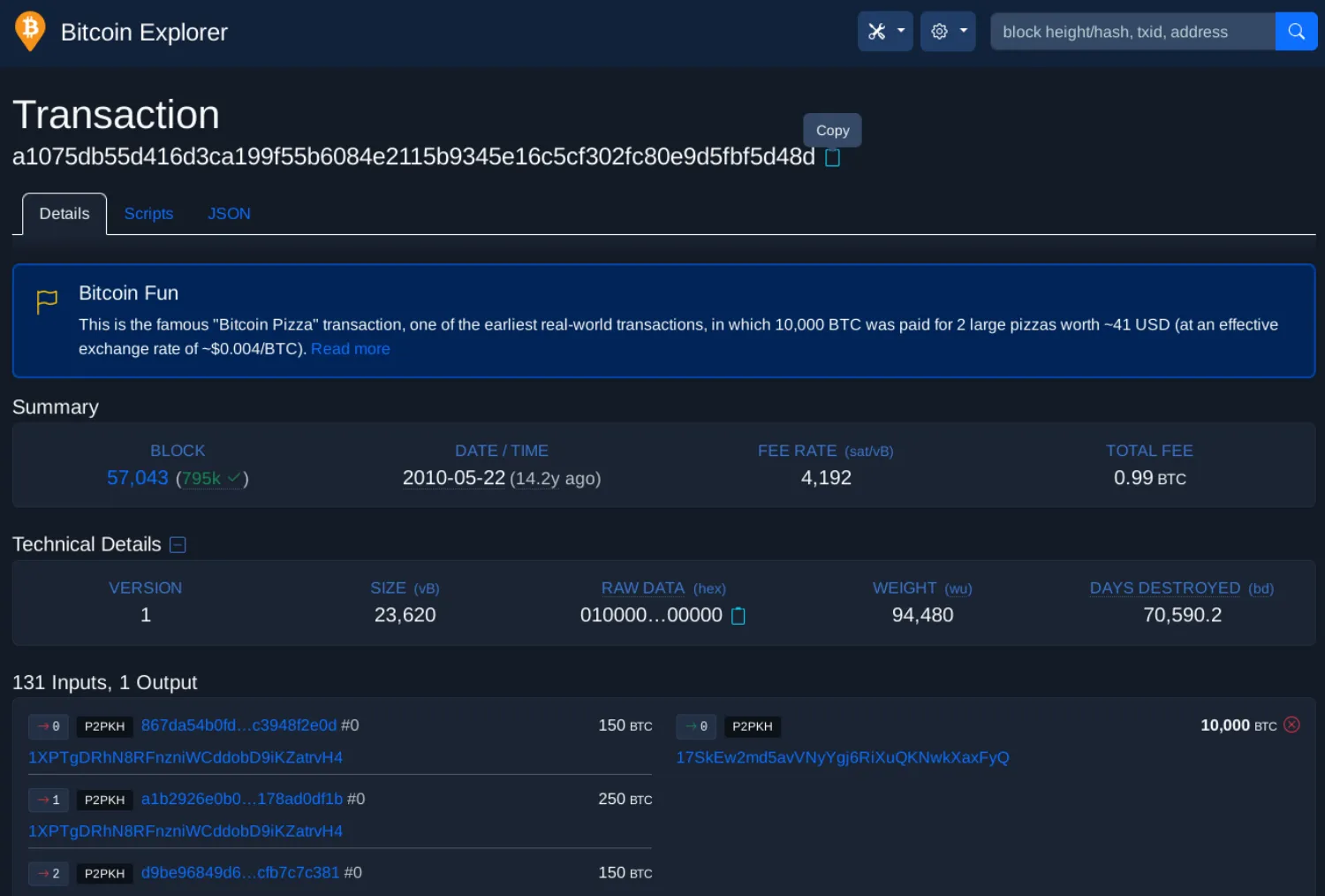 BTC-RPC Explorer - Pizza day transaction